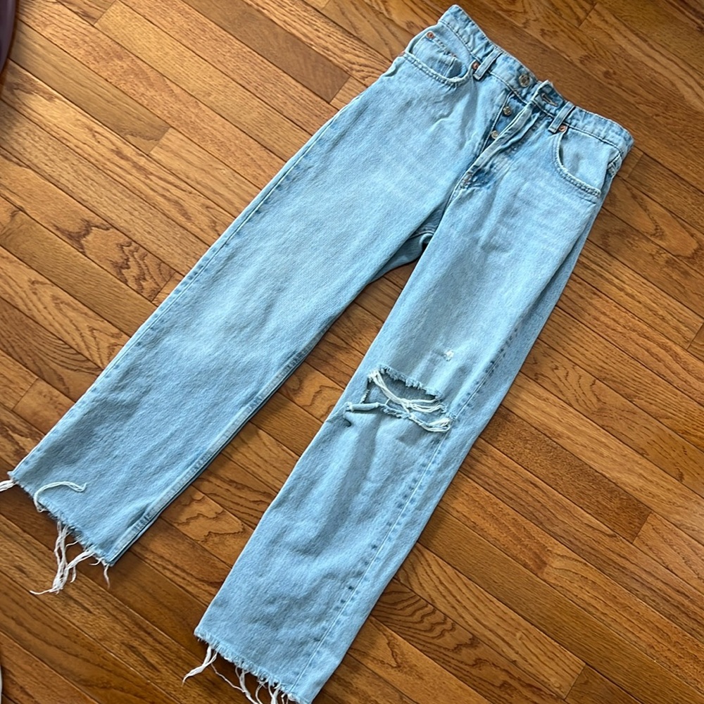 Zara distressed high waisted straight leg / wide leg button up jeans